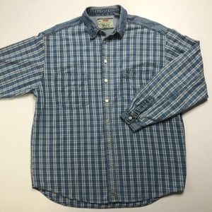 Levi's Green Label Metal Button Up Shirt Long Sleeve Checked Denim Blue Mens XL